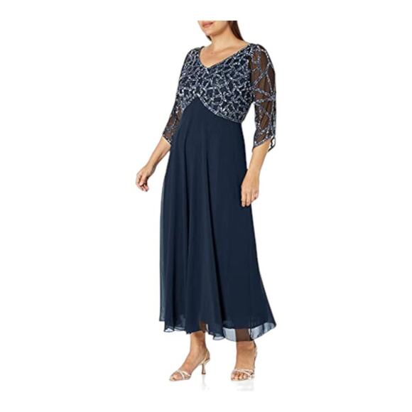 J Kara Women's Plus Size 3/4 Sleeve Geo Beaded Gown Navy Silver Size 14W NWT - Picture 1 of 8